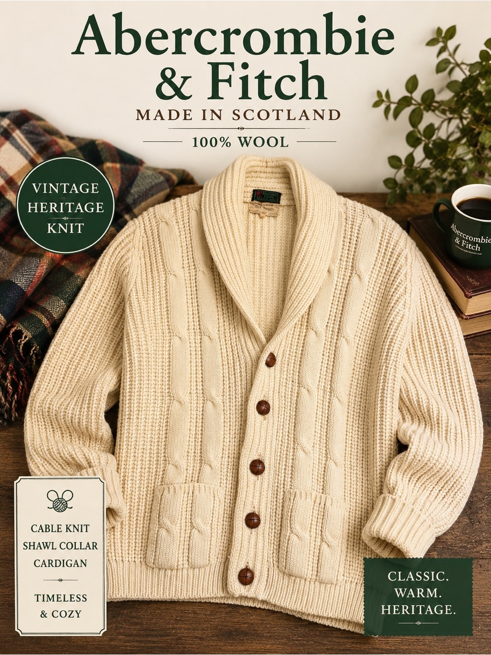 Vintage Abercrombie & Fitch Scotland Wool Cable Knit Shawl Collar Cardigan